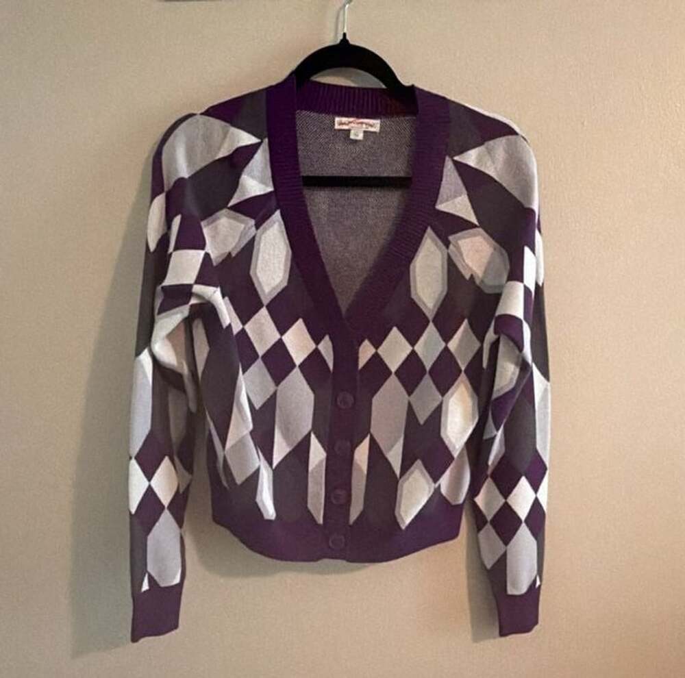 Eva Mendes Purple Argyle Knit Cardigan Sweater Size M